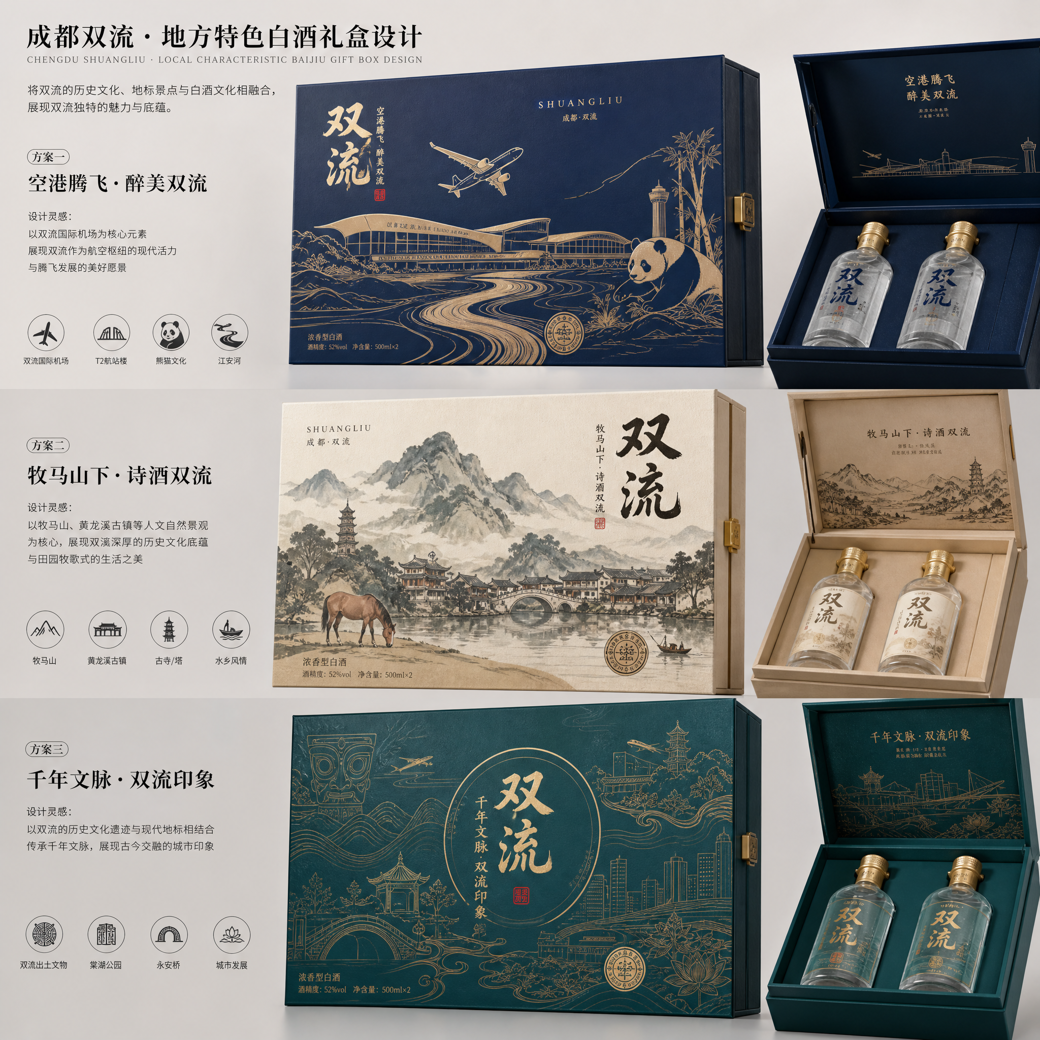 帮我设计具有成都双流具有地方特色的白酒包装礼盒，融入双流的特色地标或景点，设计几个效果出来