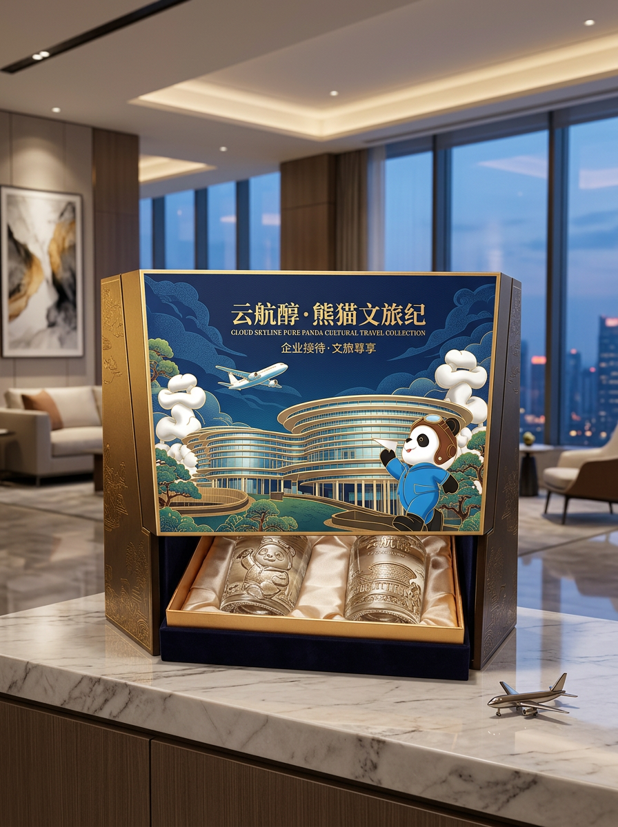 以图二中的建筑为背景，结合一些熊猫的元素，打造一款具有稳重和欢快元素的白酒包装礼盒，使用场景是企业接… (3)