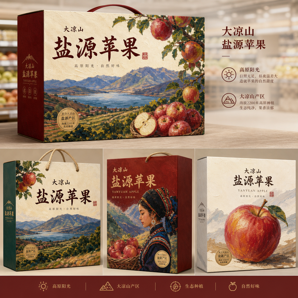 设计几款大凉山的盐源苹果包装，要求使用场景是日常的商超展示售卖，日常送礼。所以要求设计具有吸睛的特性…