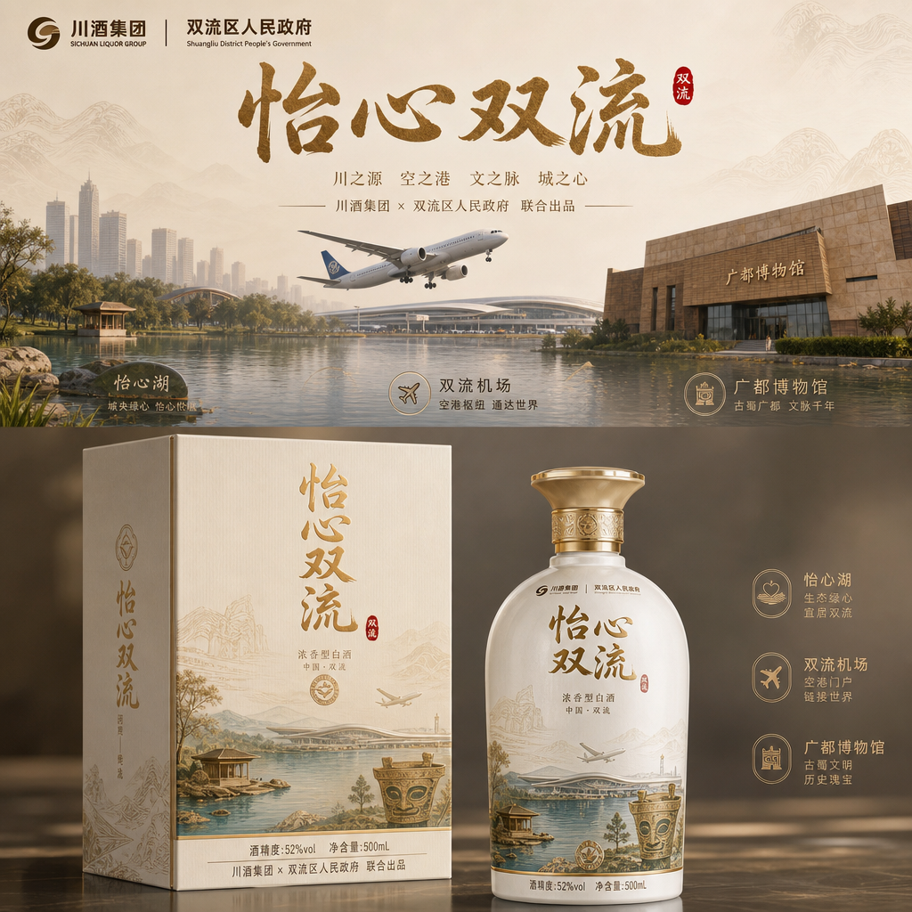 结合怡心湖、双流机场、广都博物馆等元素，设计一款具有双流地方特色的白酒，要求酒盒和酒瓶都必须原创，市… (4)