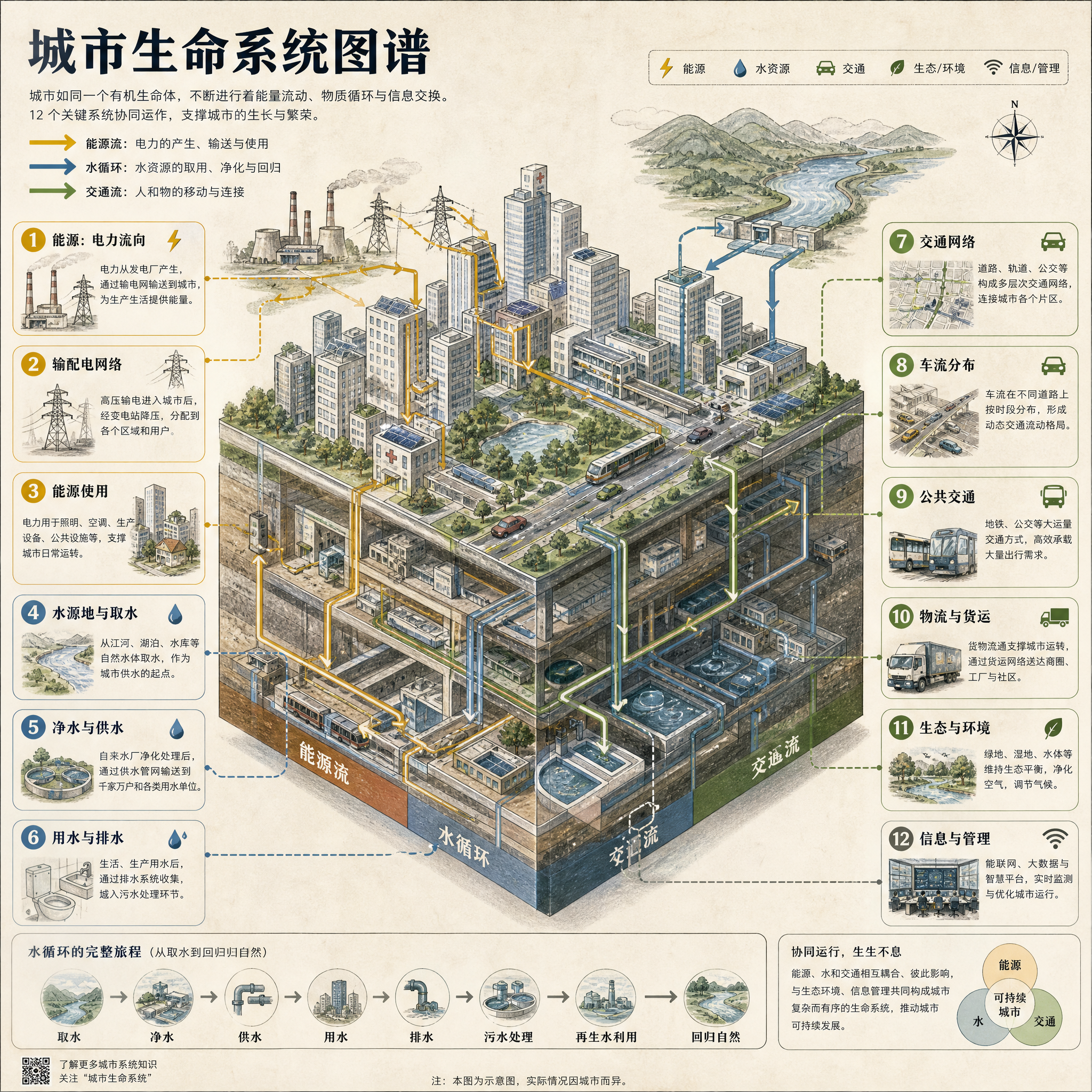 生成一张关于城市生命系统图谱的信息图，目标读者为普通公众。

版式：等距剖切视图 + 12 个编号面…