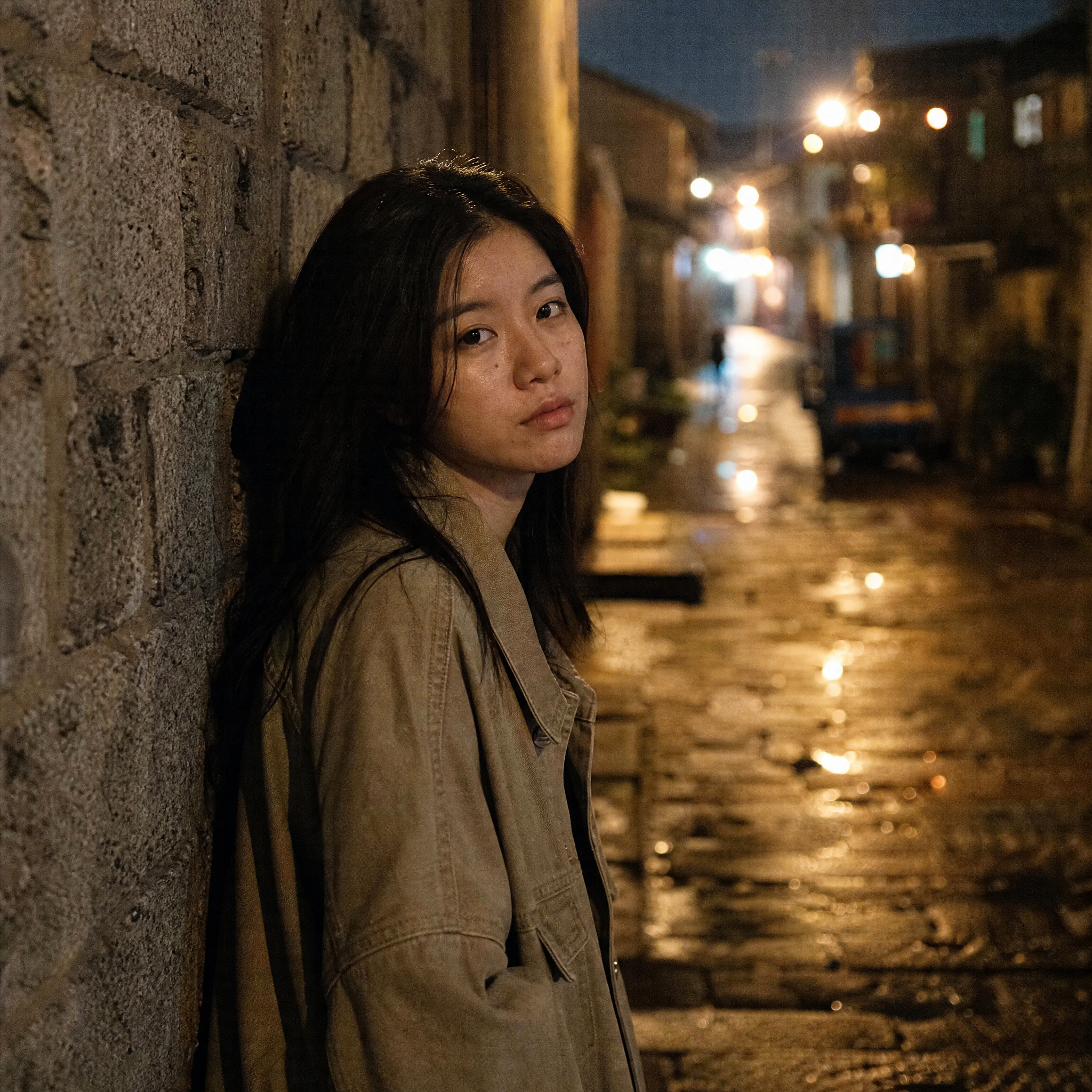 拍摄主题：人物，场景为雨夜的老城区街道。
摄影参数风格：35mm，浅景深，纪实。
光线：自然光，情绪…