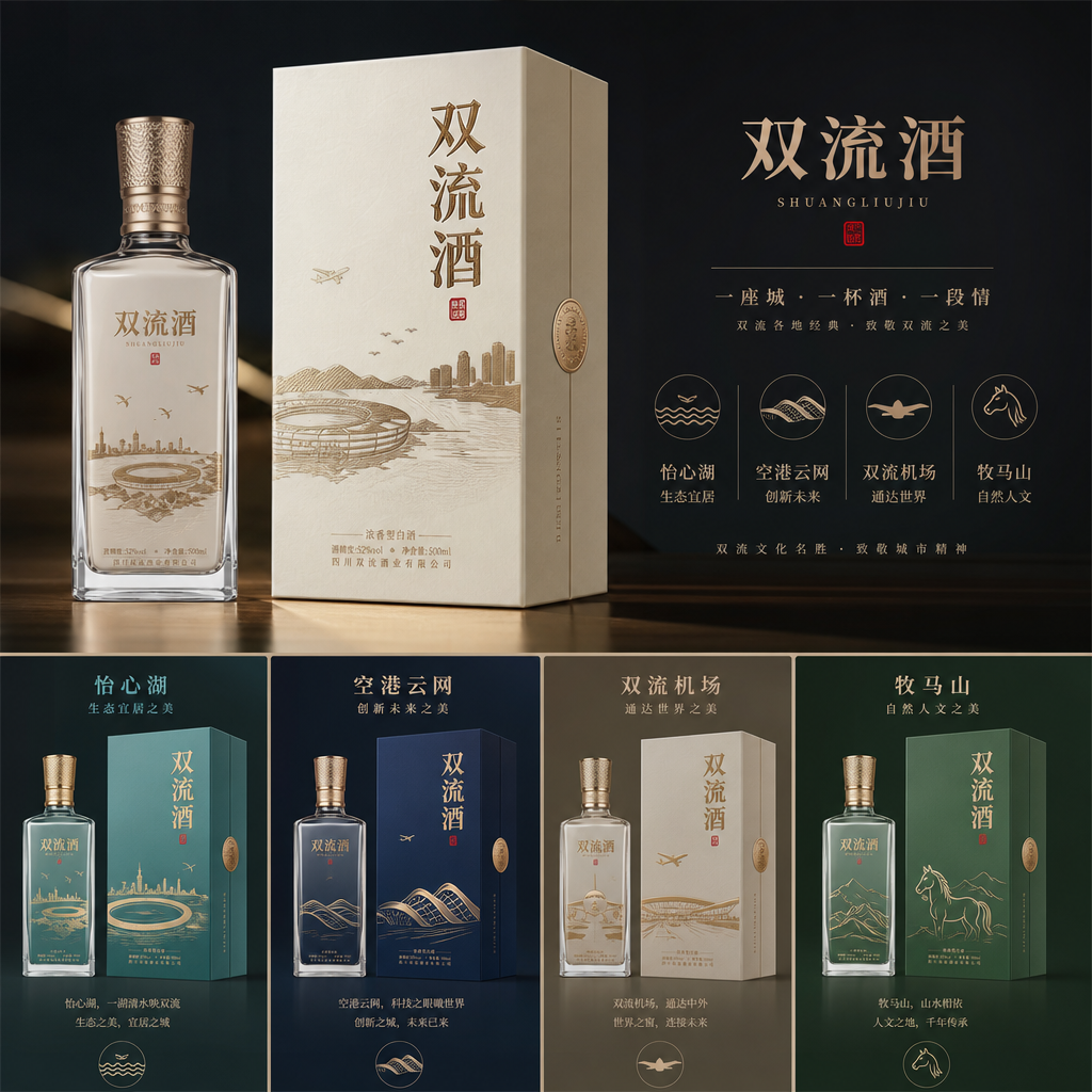 你是一位资深的设计师，现在需要设计一款高端的白酒包装礼盒，品牌名字叫双流酒。以双流各地的经典和名胜为…