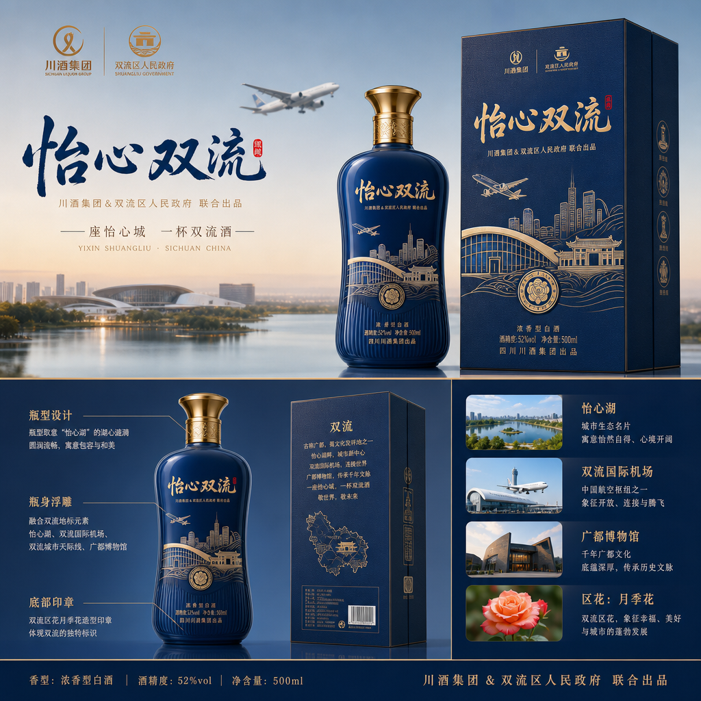结合怡心湖、双流机场、广都博物馆等元素，设计一款具有双流地方特色的白酒，要求酒盒和酒瓶都必须原创，市…