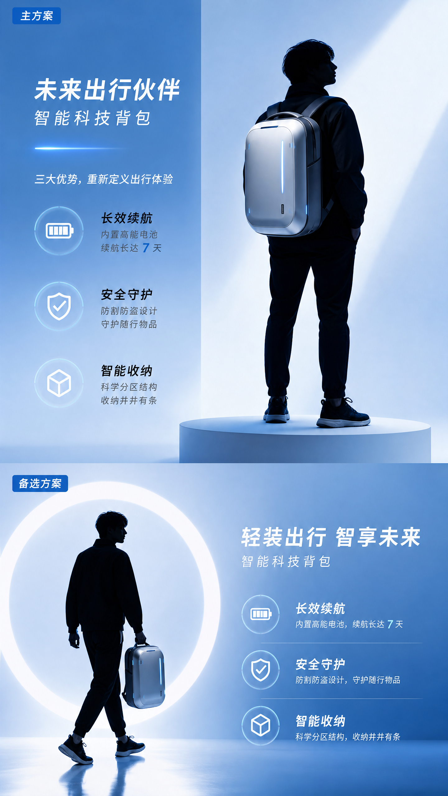 任务目标：产品概念图。
输入约束：主体人物剪影，场景纯色棚拍，风格极简科技，色彩蓝白。
质量约束：清…