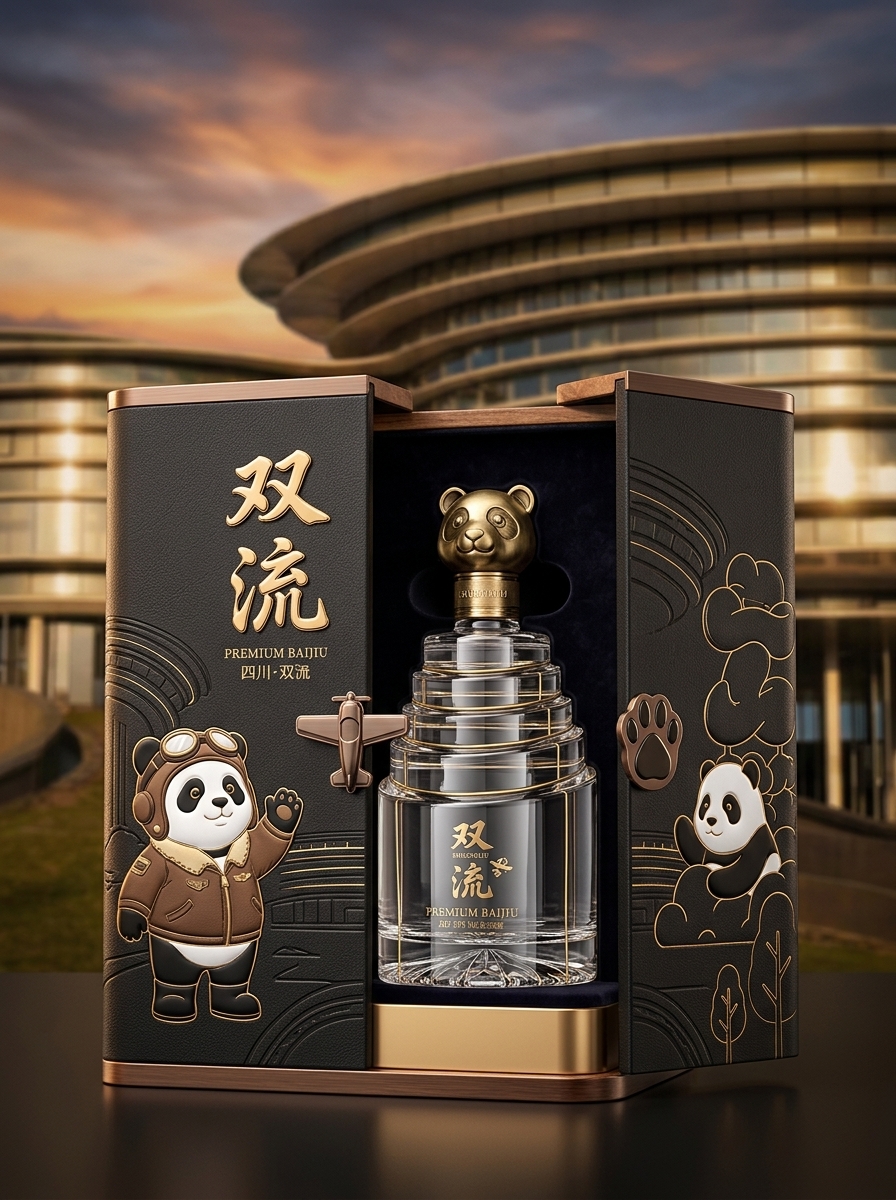 以图二中的建筑为背景，融入一些熊猫元素和双流本地元素，打造一款高端白酒包装礼盒，白酒的名称是双流，产… (2)
