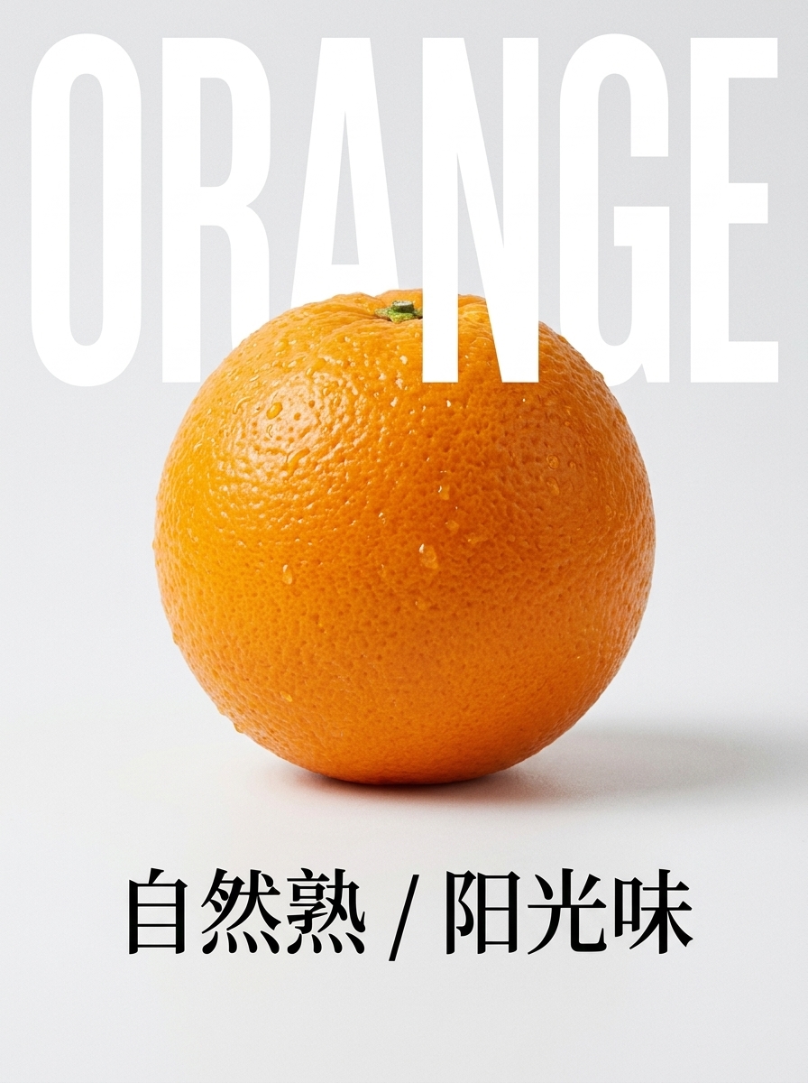 极简主义商业海报，竖构图。画面正中央是一颗硕大完美的橙子，表皮有细腻毛孔和水珠，影棚光质感极佳。大标…