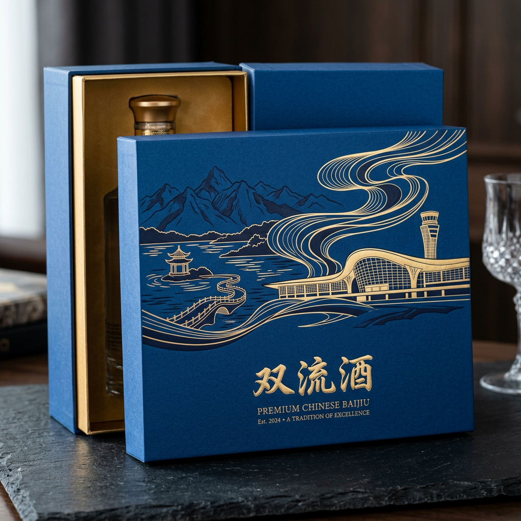 你是一位资深的设计师，现在需要设计一款高端的白酒包装礼盒，品牌名字叫双流酒。以双流各地的经典和名胜为… (3)