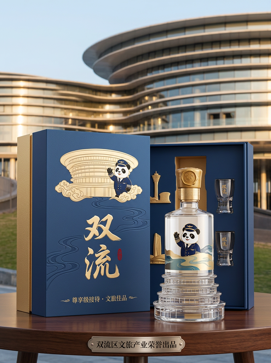 结合市面上销售较好的白酒包装设计，以图二中的建筑为背景，融入一些熊猫元素和双流本地元素，打造一款高端… (3)