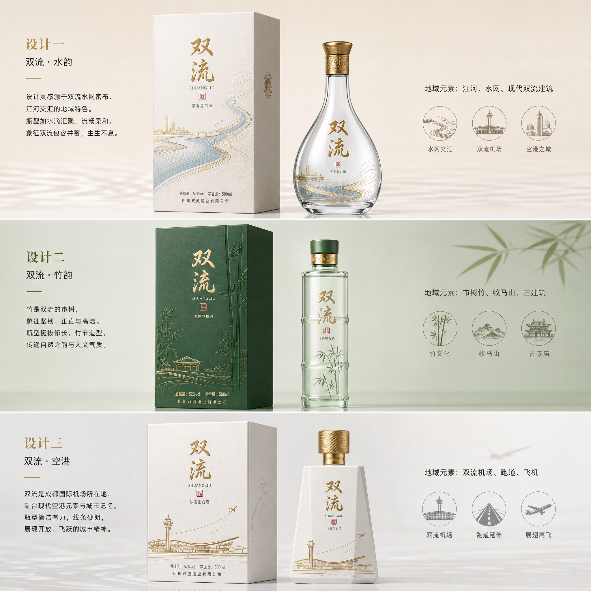 设计几款具有双流特色的白酒包装，要求盒子和瓶子设计都要原创，设计要简单大气，具有地域特色。 (2)