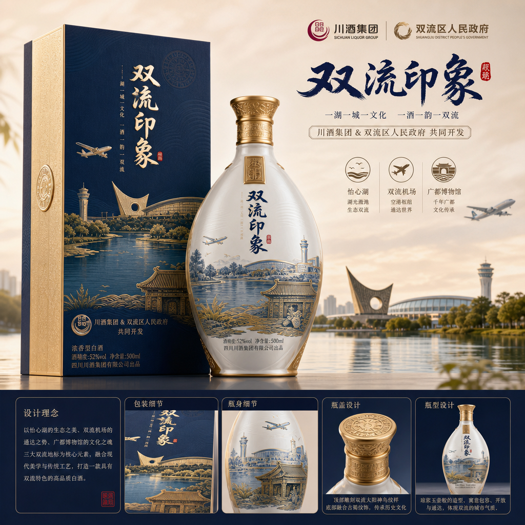 结合怡心湖、双流机场、广都博物馆等元素，设计一款具有双流地方特色的白酒，要求酒盒和酒瓶都必须原创，市… (2)