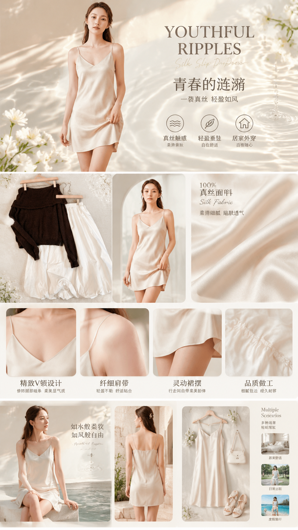 请根据提供的产品和模特以青春的涟漪为主题，设计一款淘宝的商品详情页。
