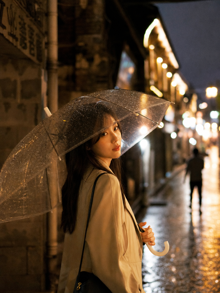 拍摄主题：人物，场景为雨夜的老城区街道。
摄影参数风格：85mm，浅景深，纪实。
光线：自然光，情绪…
