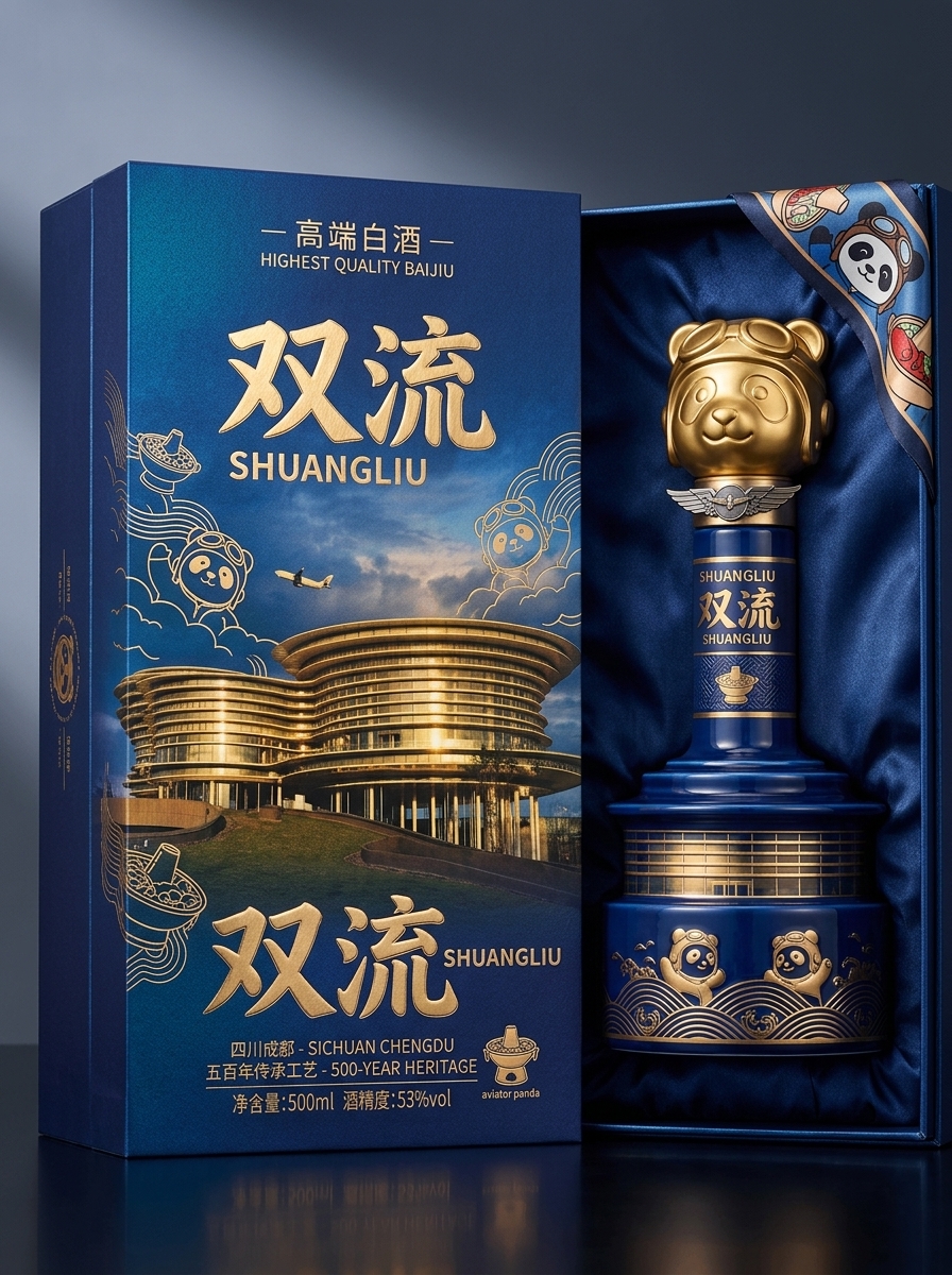 以图二中的建筑为背景，融入一些熊猫元素和双流本地元素，打造一款高端白酒包装礼盒，白酒的名称是双流，产… (2)