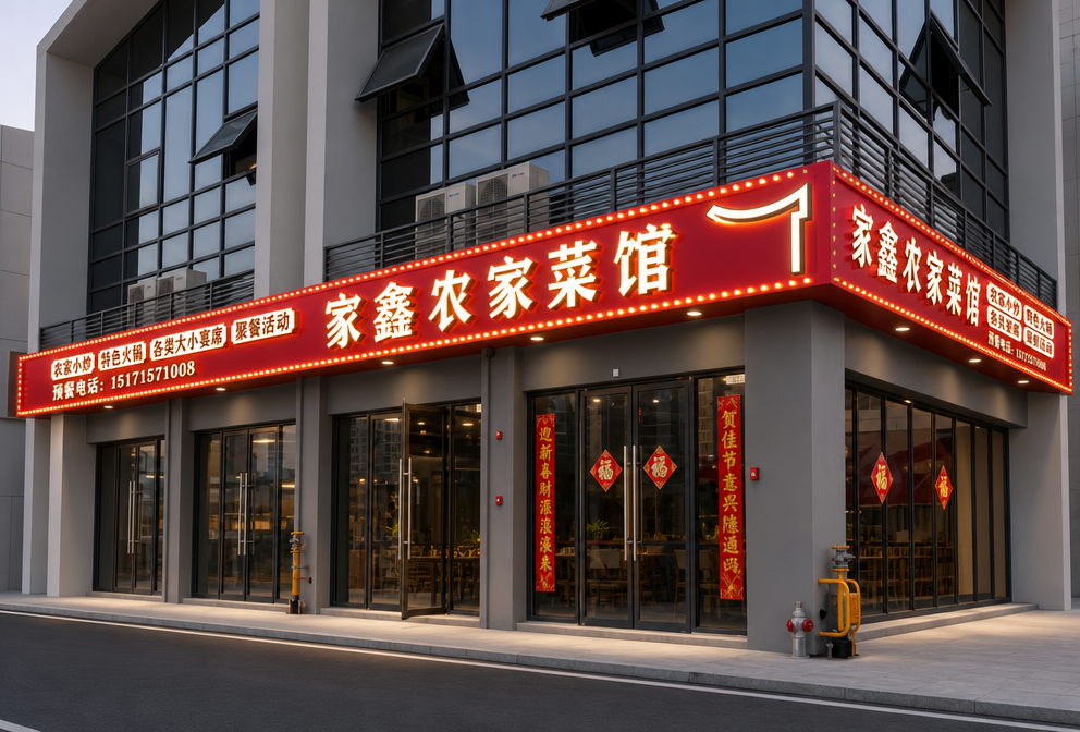 图一是现场图，图二是图一正面设计图，图三是图一的侧面设计图。这是一个户外门头招牌…