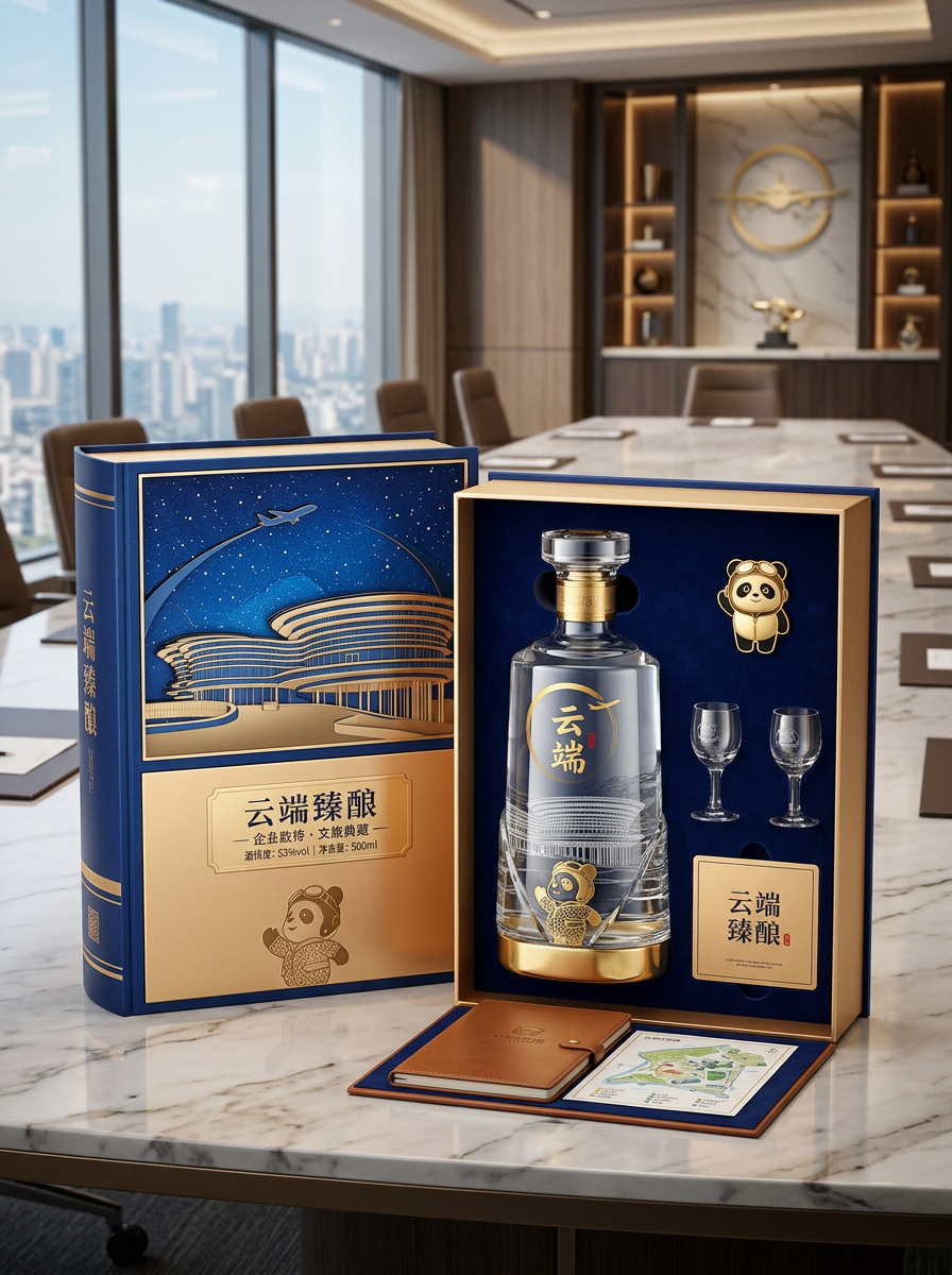 结合市面上销售较好的白酒包装设计，以图二中的建筑为背景，结合一些熊猫的元素，打造一款高端白酒包装礼盒…