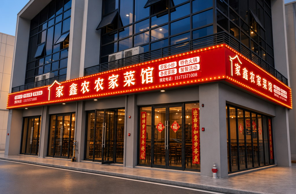图一是现场图，图二是图一正面设计图，图三是图一的侧面设计图。这是一个户外门头招牌…