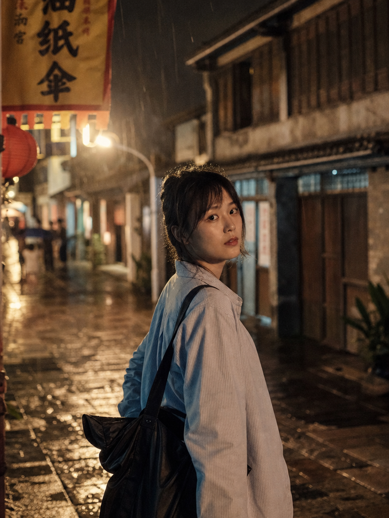 拍摄主题：人物，场景为雨夜的老城区街道。
摄影参数风格：35mm，浅景深，纪实。
光线：自然光，情绪…