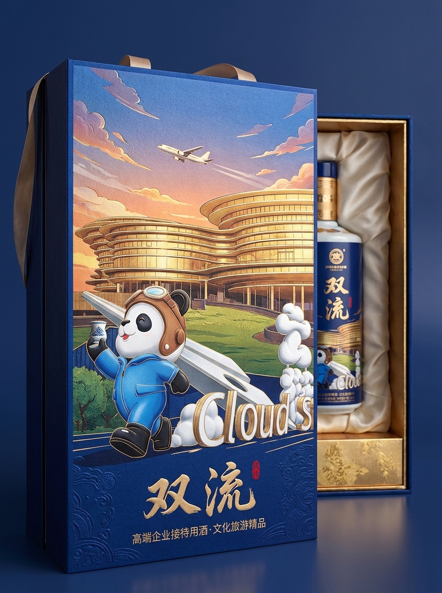 结合市面上销售较好的白酒包装设计，以图二中的建筑为背景，融入一些熊猫元素和双流本地元素，打造一款高端… (3)
