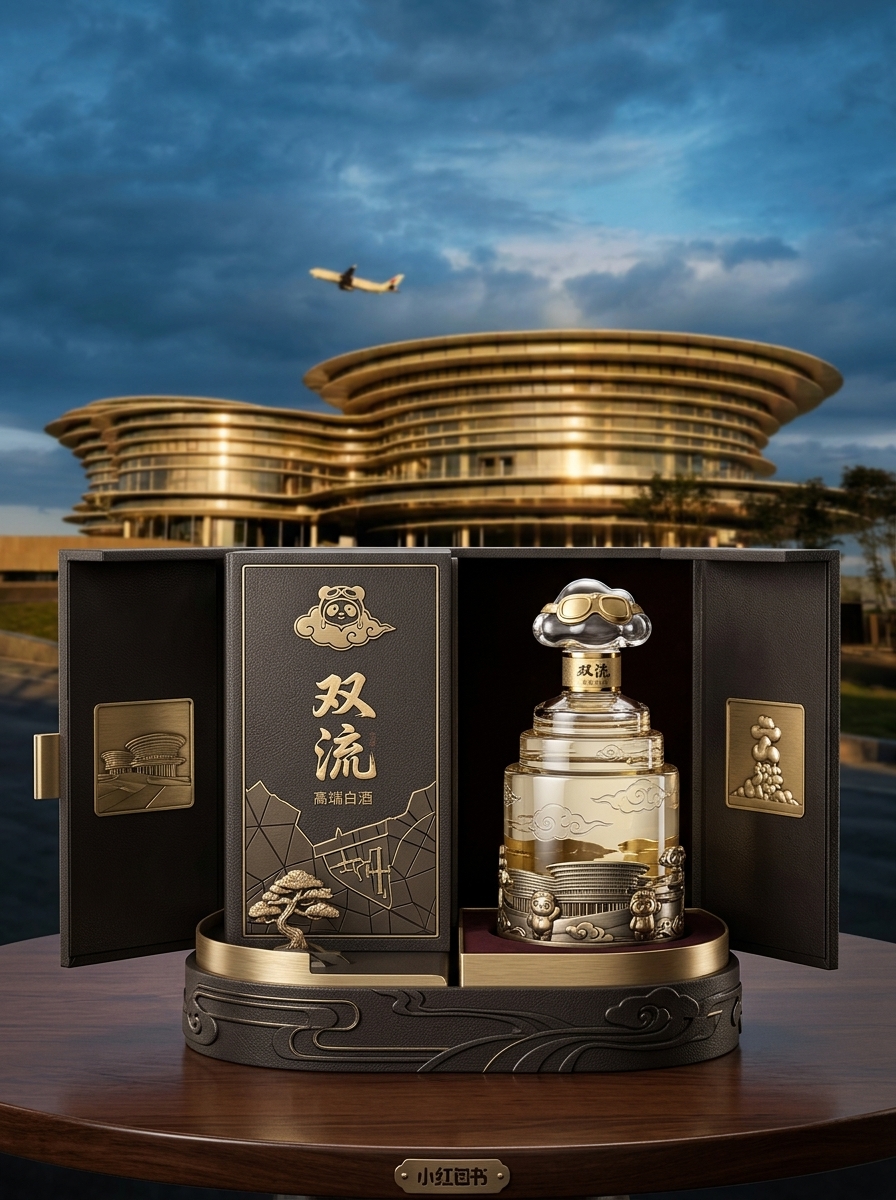 以图二中的建筑为背景，融入一些熊猫元素和双流本地元素，打造一款高端白酒包装礼盒，白酒的名称是双流，产… (4)