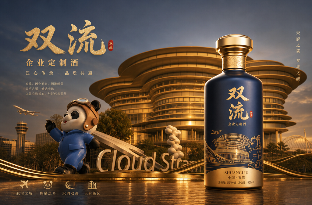以图一这个图为设计背景，添加图二的熊猫元素，再结合双流的其他一些元素，设计一款双流的企业用酒。要求设… (2)