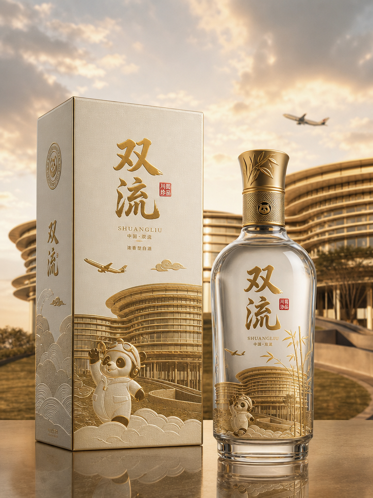 以图二中的建筑为背景，融入一些熊猫元素和双流本地元素，打造一款高端白酒包装礼盒，白酒的名称是双流，产… (4)