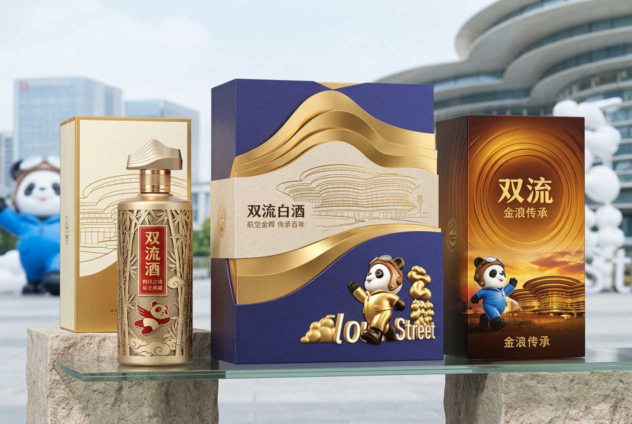 以图一的建筑和图二的熊猫为设计主题，设计几款双流酒的包装 (2)