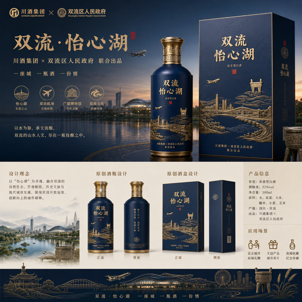 结合市场销售主流名酒，结合双流怡心湖、双流机场、广都博物馆等元素，设计一款具有双流地方特色的白酒，要…