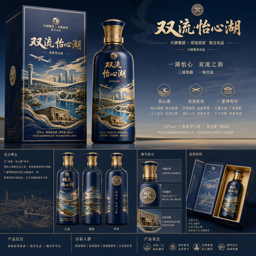 结合市场销售主流名酒，结合双流怡心湖、双流机场、广都博物馆等元素，设计一款具有双流地方特色的白酒，要… (4)