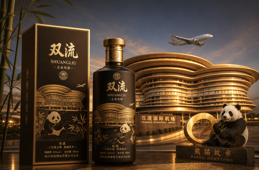 以这个图为设计背景，添加熊猫元素，再结合双流的其他一些元素，设计一款双流的企业用酒。要求设计要大气 (4)