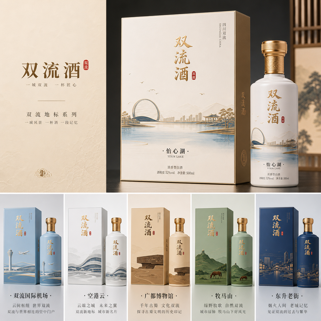 你是一位资深的设计师，现在需要设计一款高端的白酒包装礼盒，品牌名字叫双流酒。以双流各地的经典和名胜为…