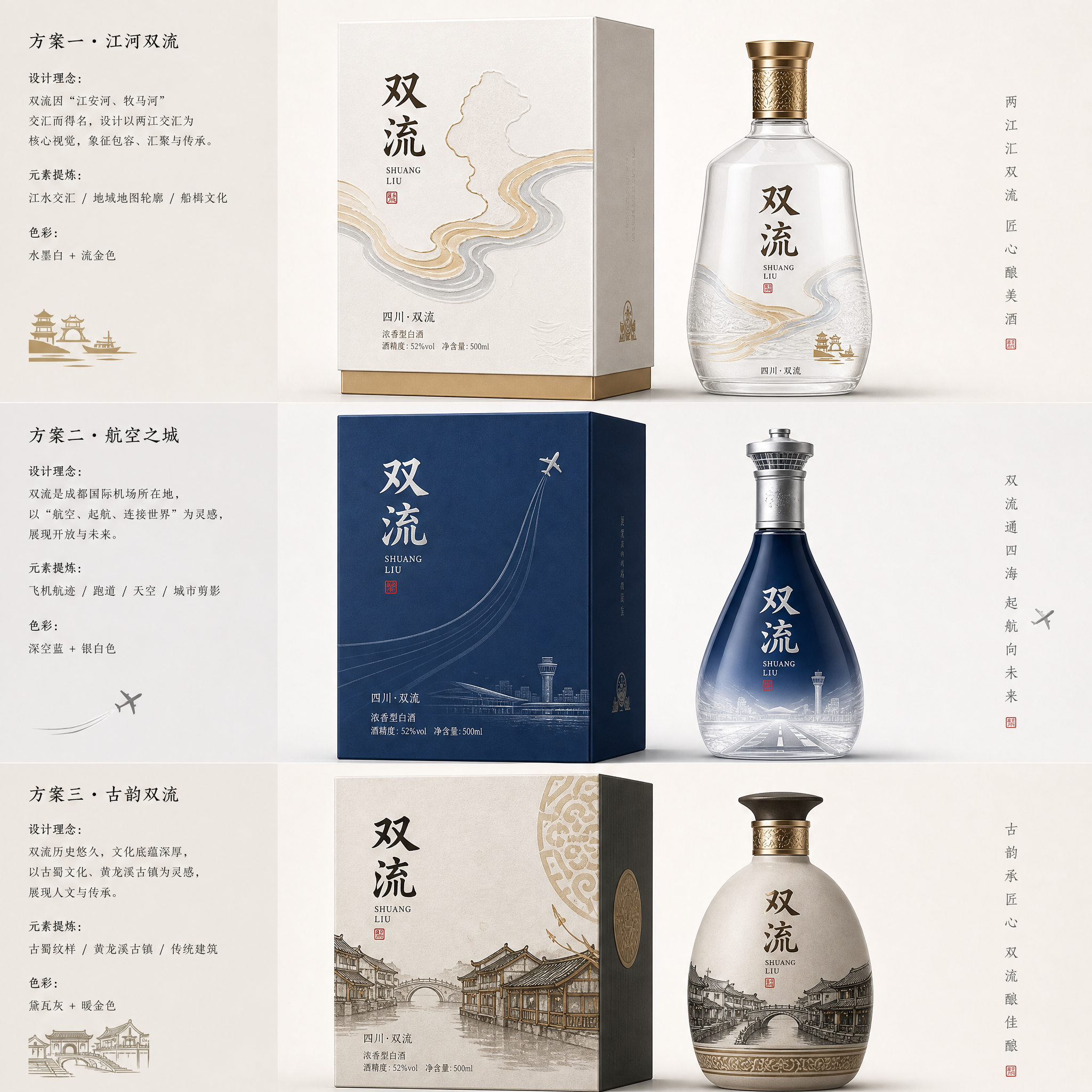 设计几款具有双流特色的白酒包装，要求盒子和瓶子设计都要原创，设计要简单大气，具有地域特色。 (4)