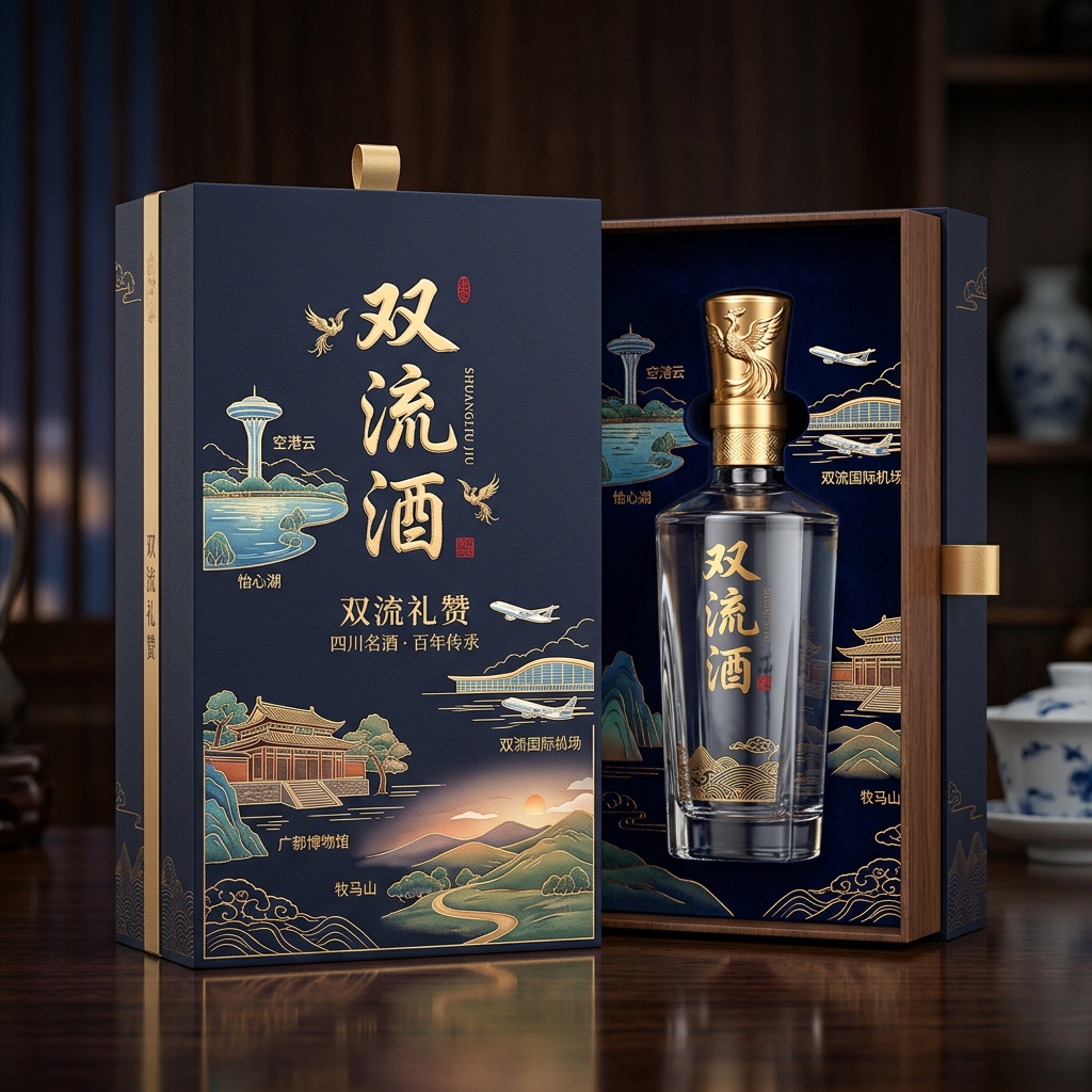 你是一位资深的设计师，现在需要设计一款高端的白酒包装礼盒，品牌名字叫双流酒。以双流各地的经典和名胜为…