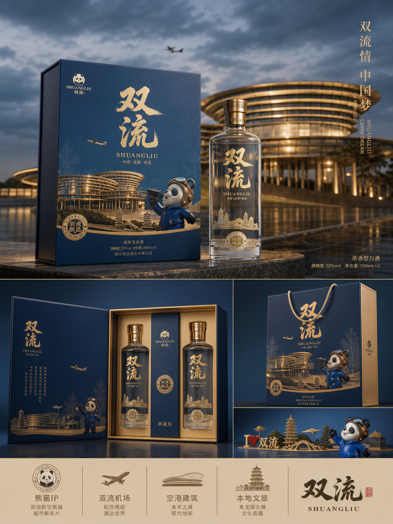 结合市面上销售较好的白酒包装设计，以图二中的建筑为背景，融入一些熊猫元素和双流本地元素，打造一款高端…