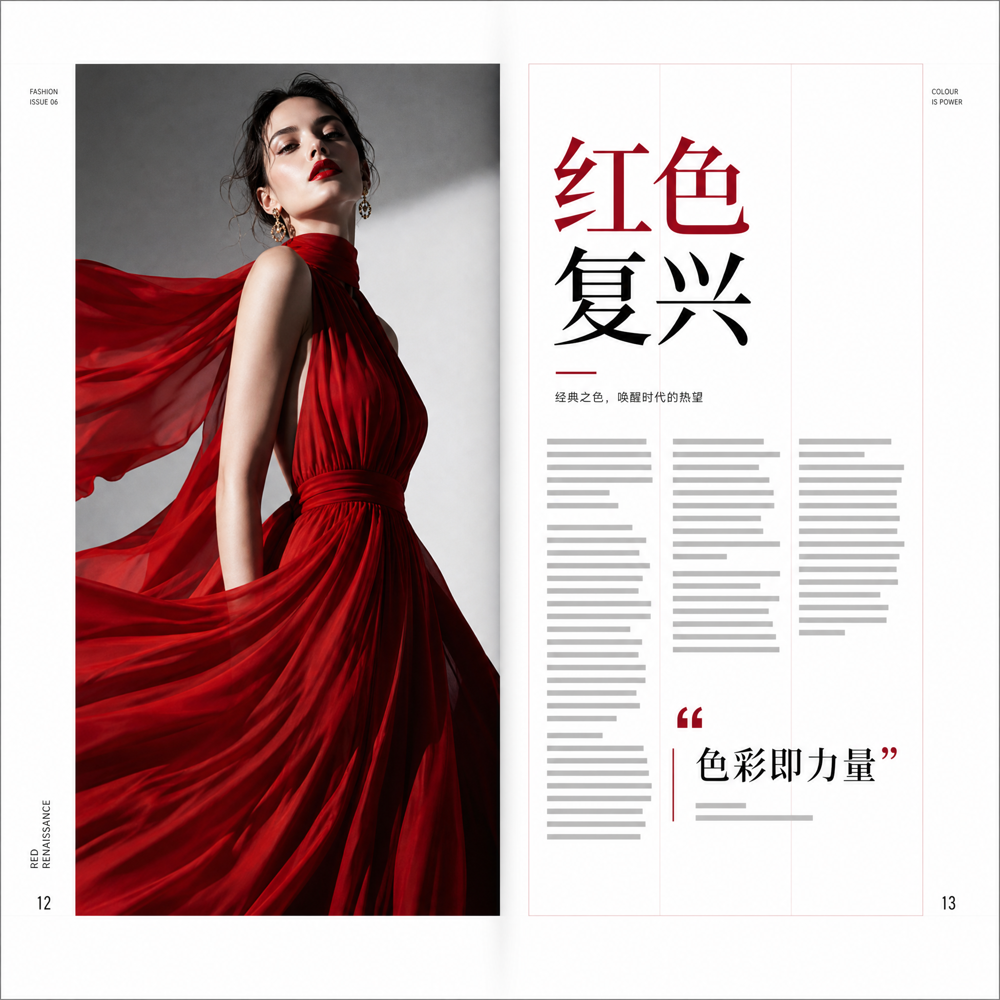 制作一份时尚杂志跨页的版式设计。

版面结构：三栏网格，宽页边距。
左页内容：身着红裙模特的满版时装…