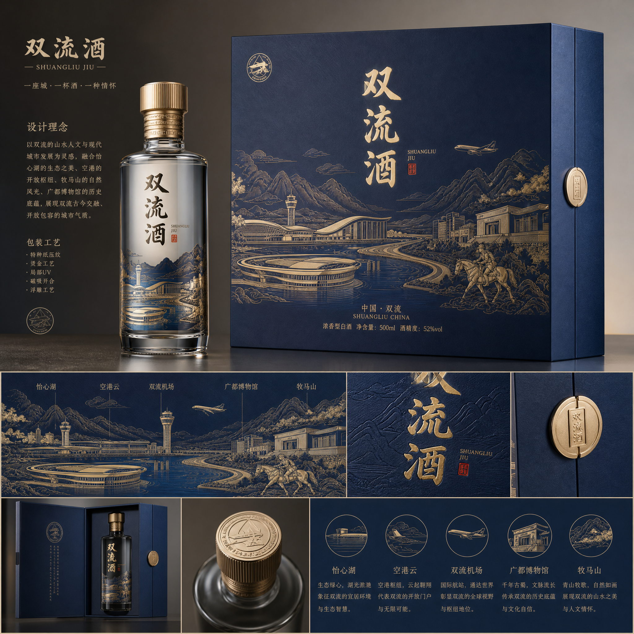 你是一位资深的设计师，现在需要设计一款高端的白酒包装礼盒，品牌名字叫双流酒。以双流各地的经典和名胜为… (2)