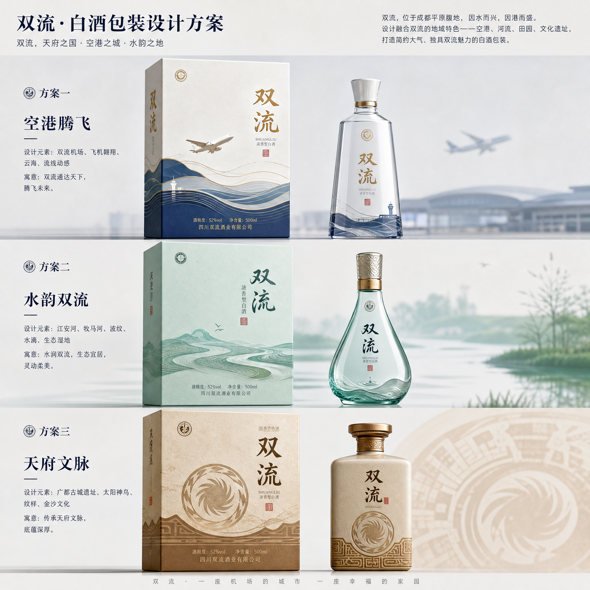 设计几款具有双流特色的白酒包装，要求盒子和瓶子设计都要原创，设计要简单大气，具有地域特色。 (3)