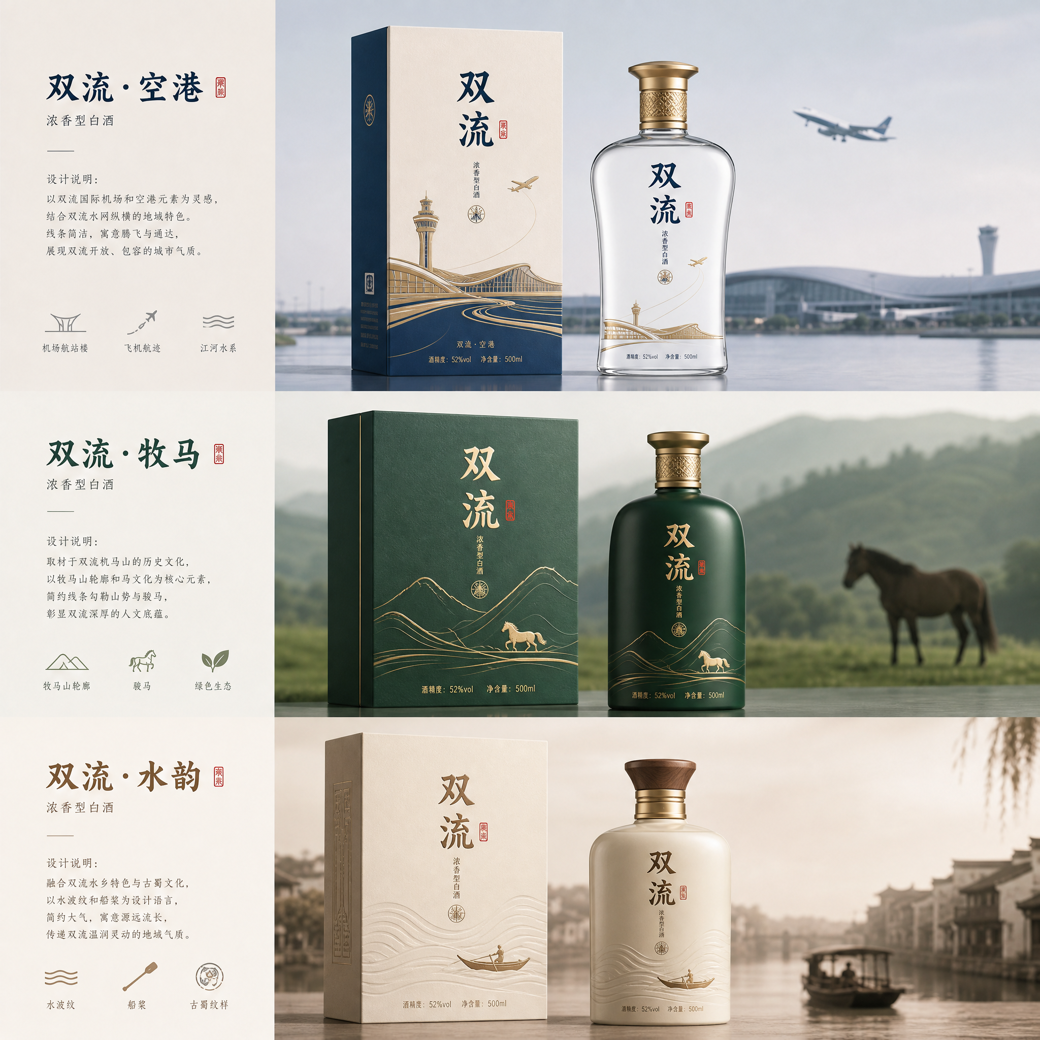 设计几款具有双流特色的白酒包装，要求盒子和瓶子设计都要原创，设计要简单大气，具有地域特色。