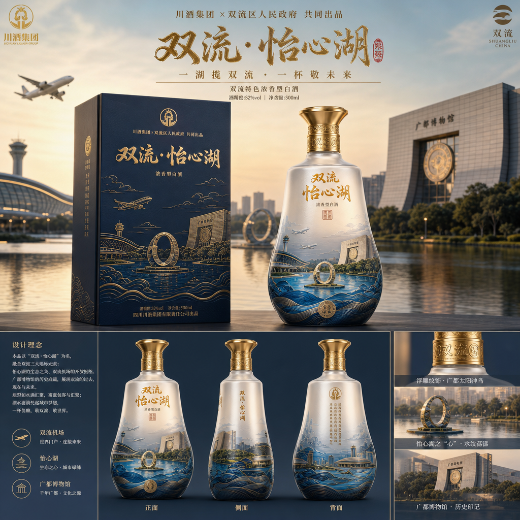 结合市场销售主流名酒，结合双流怡心湖、双流机场、广都博物馆等元素，设计一款具有双流地方特色的白酒，要…