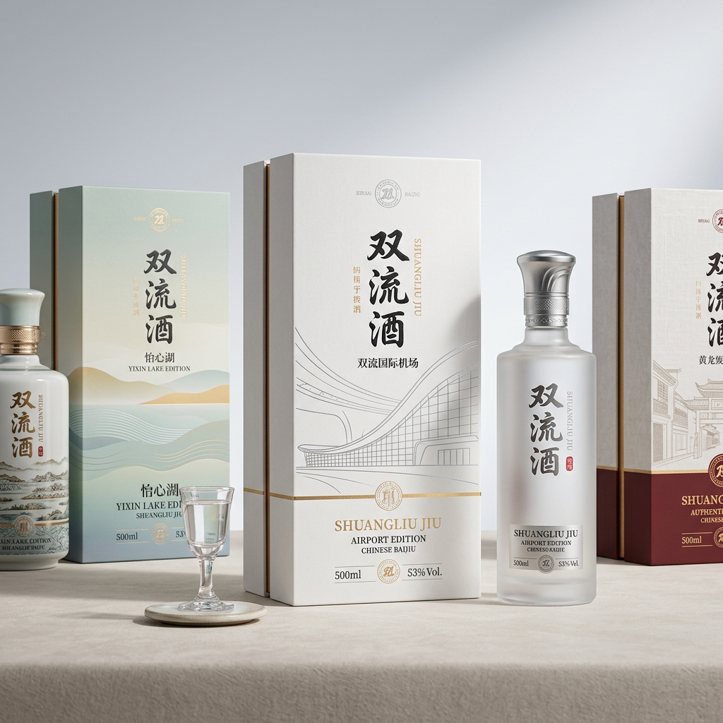 你是一位资深的设计师，现在需要设计一款高端的白酒包装礼盒，品牌名字叫双流酒。以双流各地的经典和名胜为… (3)