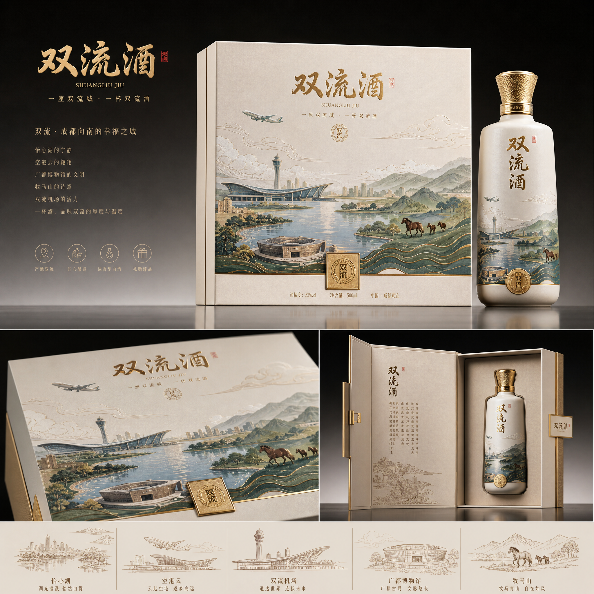 你是一位资深的设计师，现在需要设计一款高端的白酒包装礼盒，品牌名字叫双流酒。以双流各地的经典和名胜为… (3)