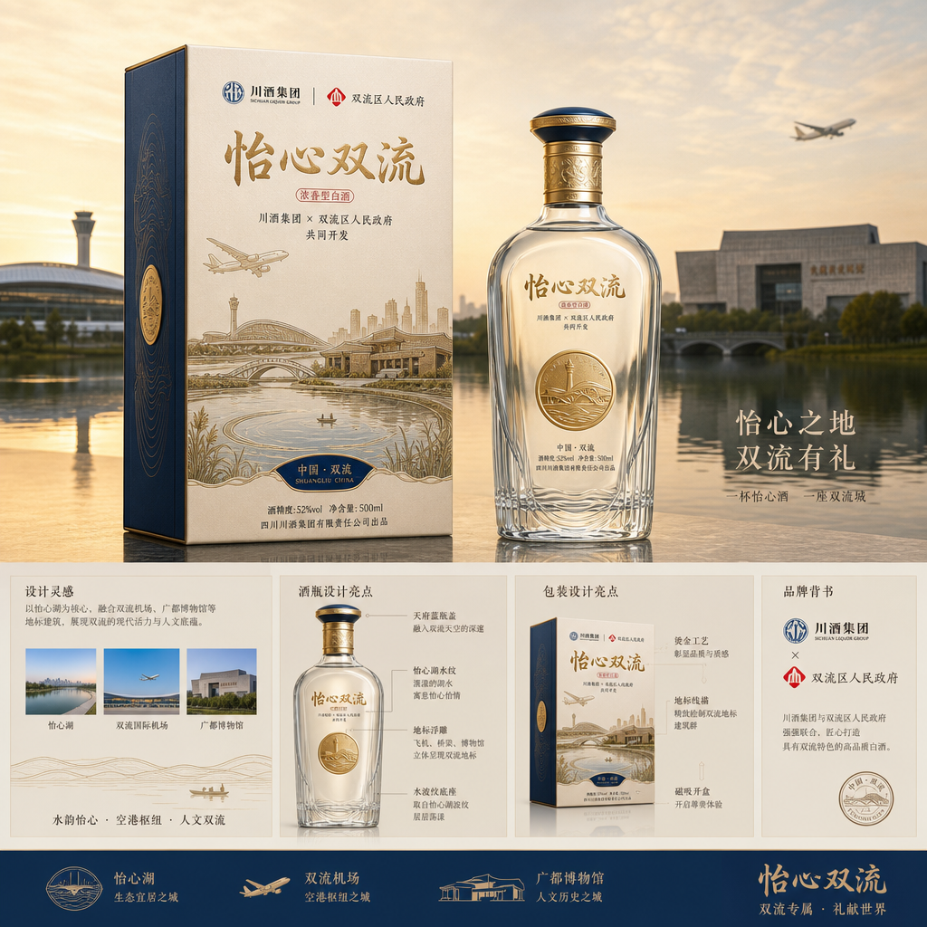结合怡心湖、双流机场、广都博物馆等元素，设计一款具有双流地方特色的白酒，要求酒盒和酒瓶都必须原创，市… (4)