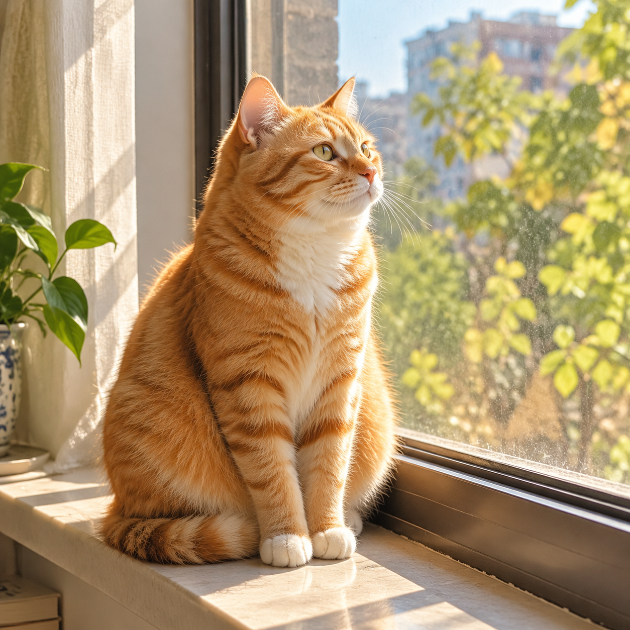 一只橘猫坐在窗台上，午后阳光，1k (4)