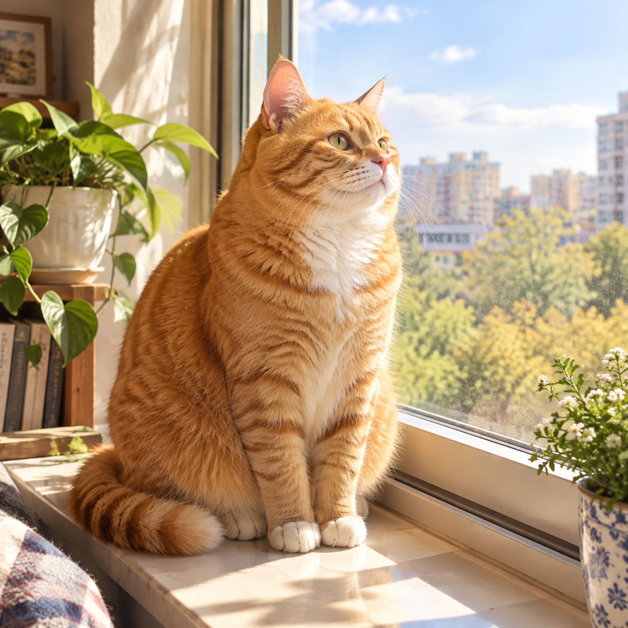 一只橘猫坐在窗台上，午后阳光，1k