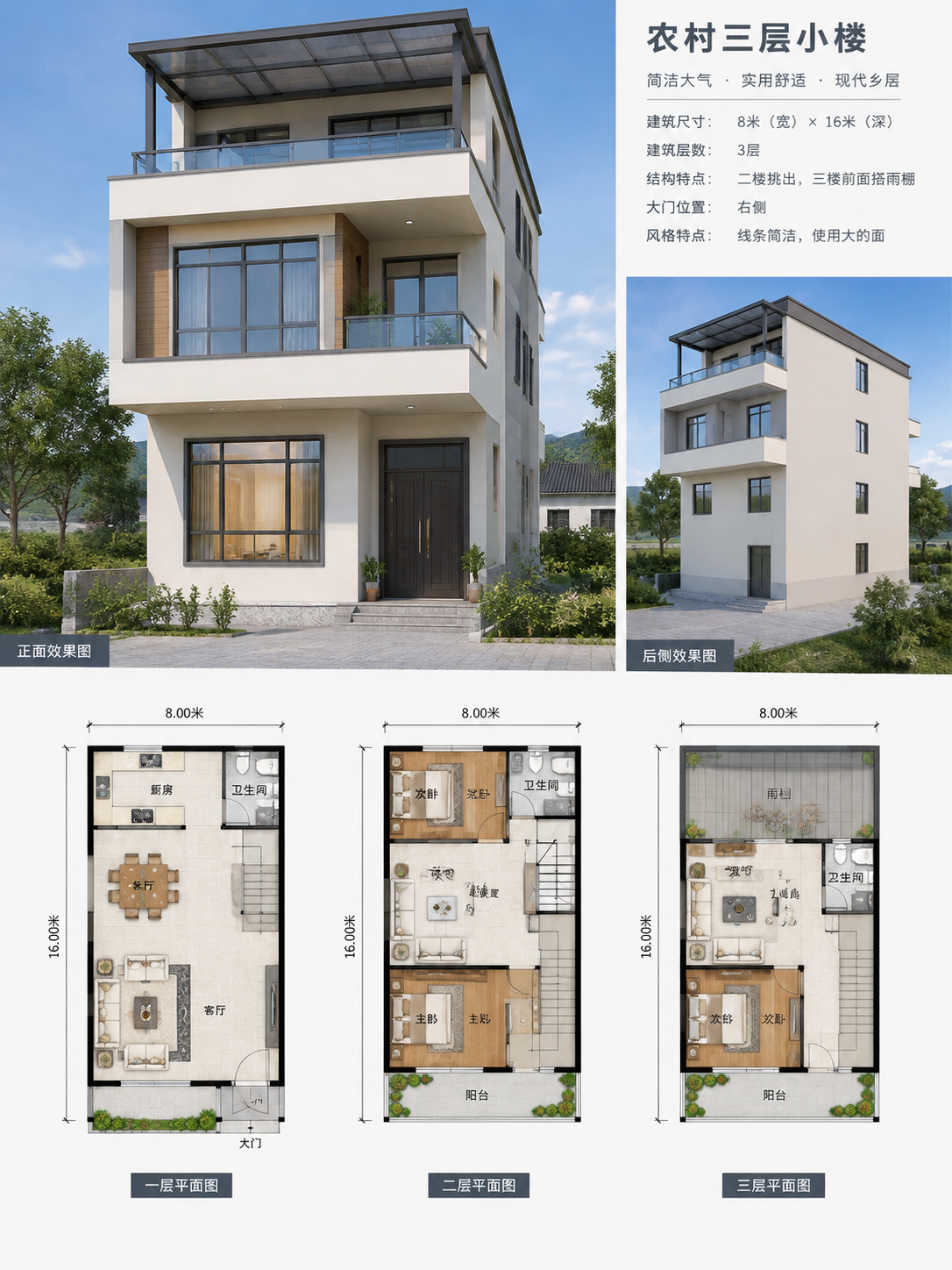 农村三层小楼，宽8米，深16米。二楼挑出，三楼前面搭雨棚，右侧大门。线条简洁，使用大的面，建筑效果图…