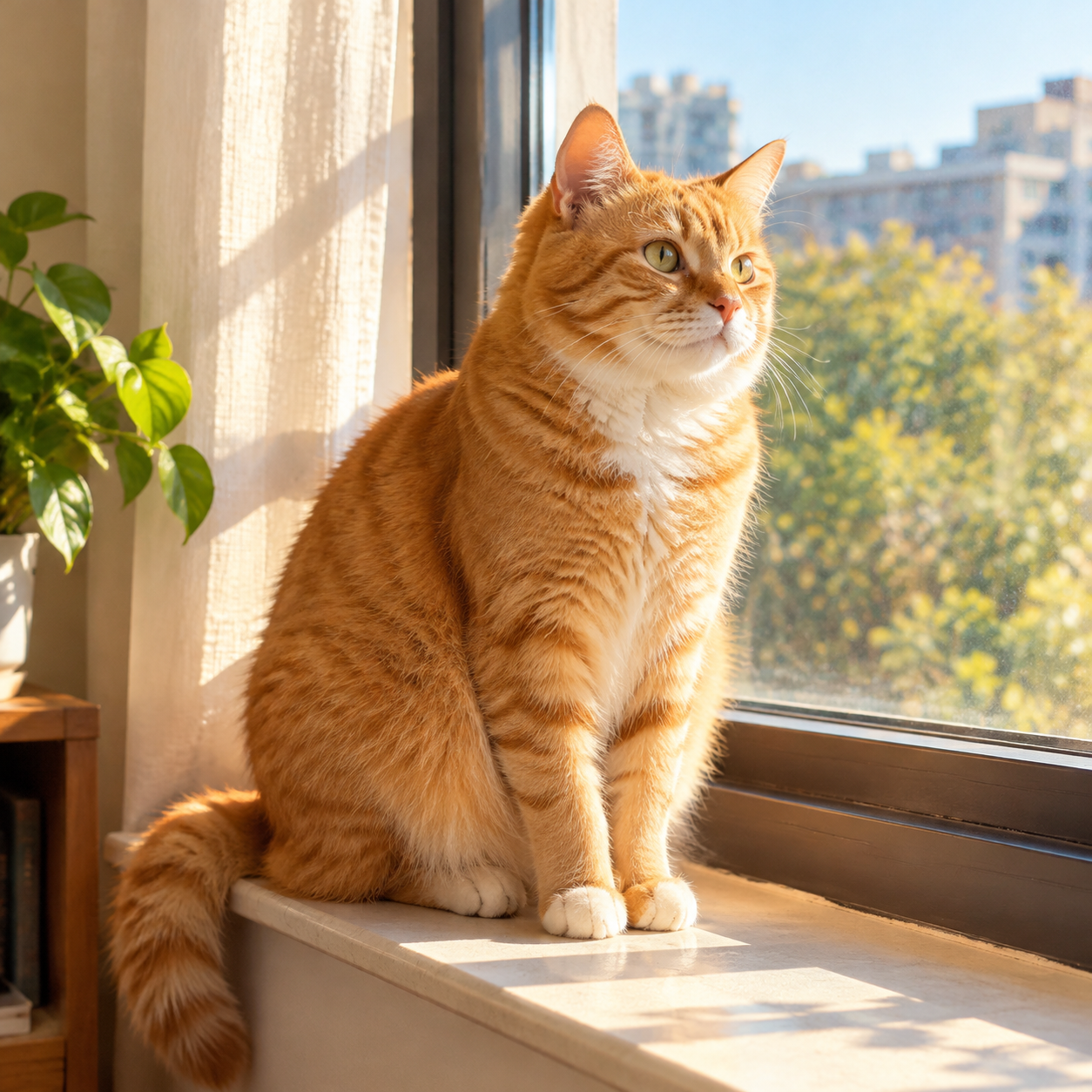 一只橘猫坐在窗台上，午后阳光，1k (2)