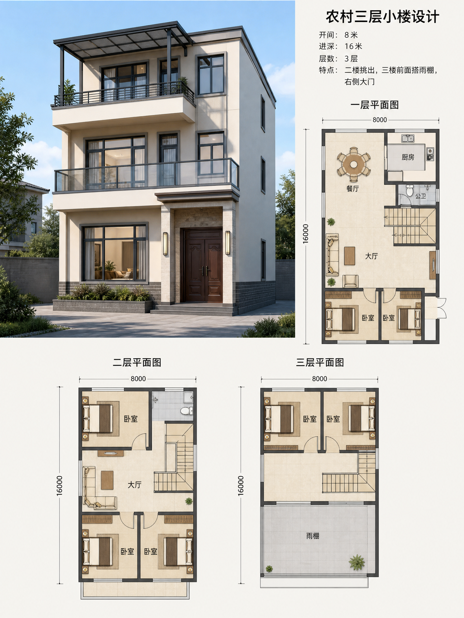 农村三层小楼，宽8米，深16米。二楼挑出，三楼前面搭雨棚，右侧大门。线条简洁，使用大的面，建筑效果图… (2)