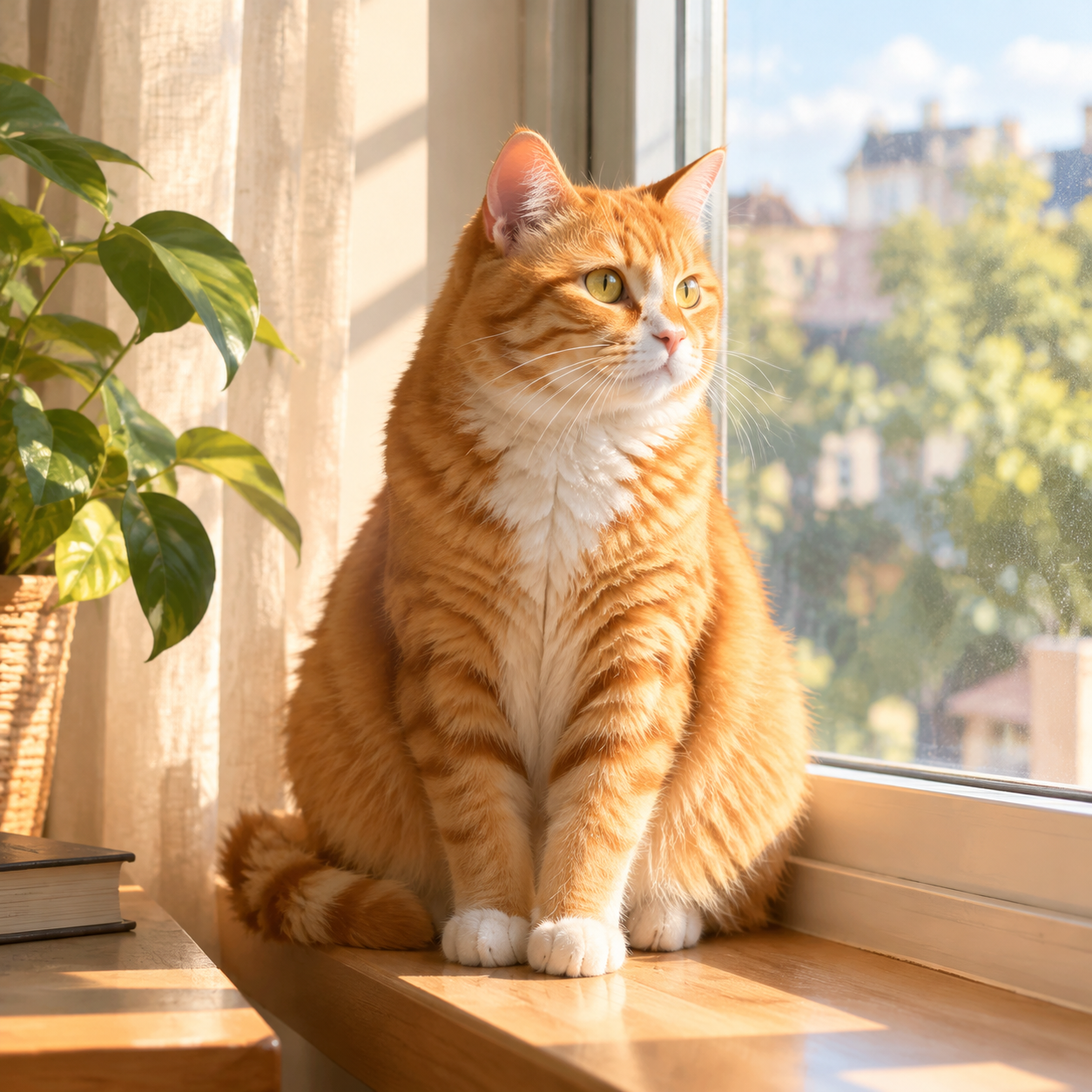 一只橘猫坐在窗台上，午后阳光，1k (3)