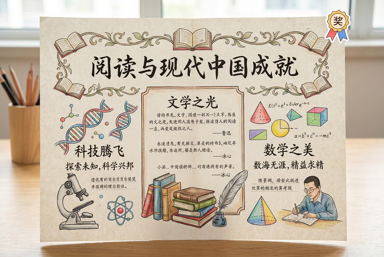读书手抄报内容要与读书有关，用笔摘录中国近、当代在文学、数学、科学等不同领域取得的辉煌成就，可以是读…
