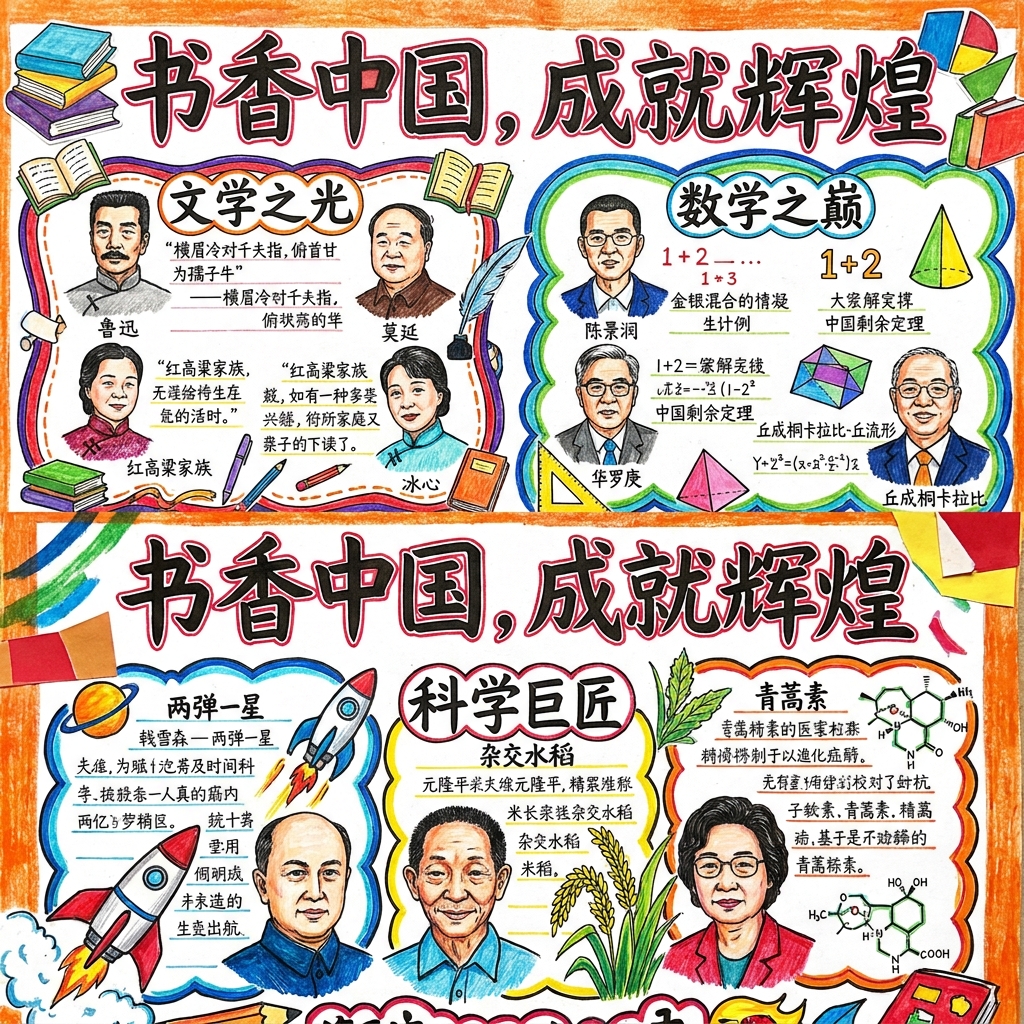 读书手抄报内容要与读书有关，用笔摘录中国近、当代在文学、数学、科学等不同领域取得的辉煌成就，可以是读…